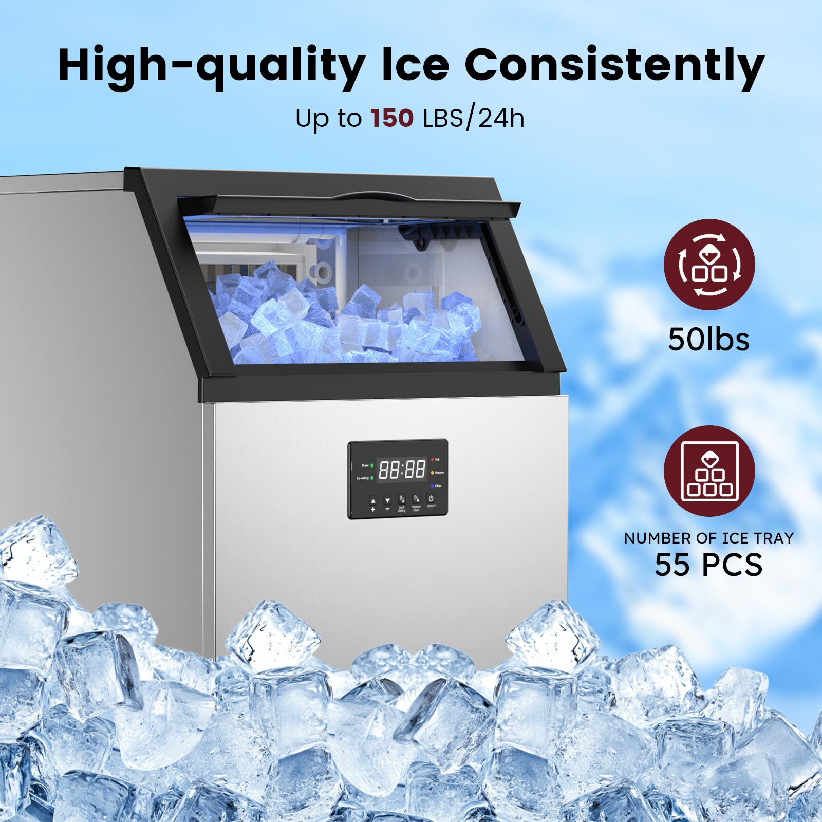 150LB/24h Built-In Commercial Ice Maker Stainless Ice Cube Machine Freestanding