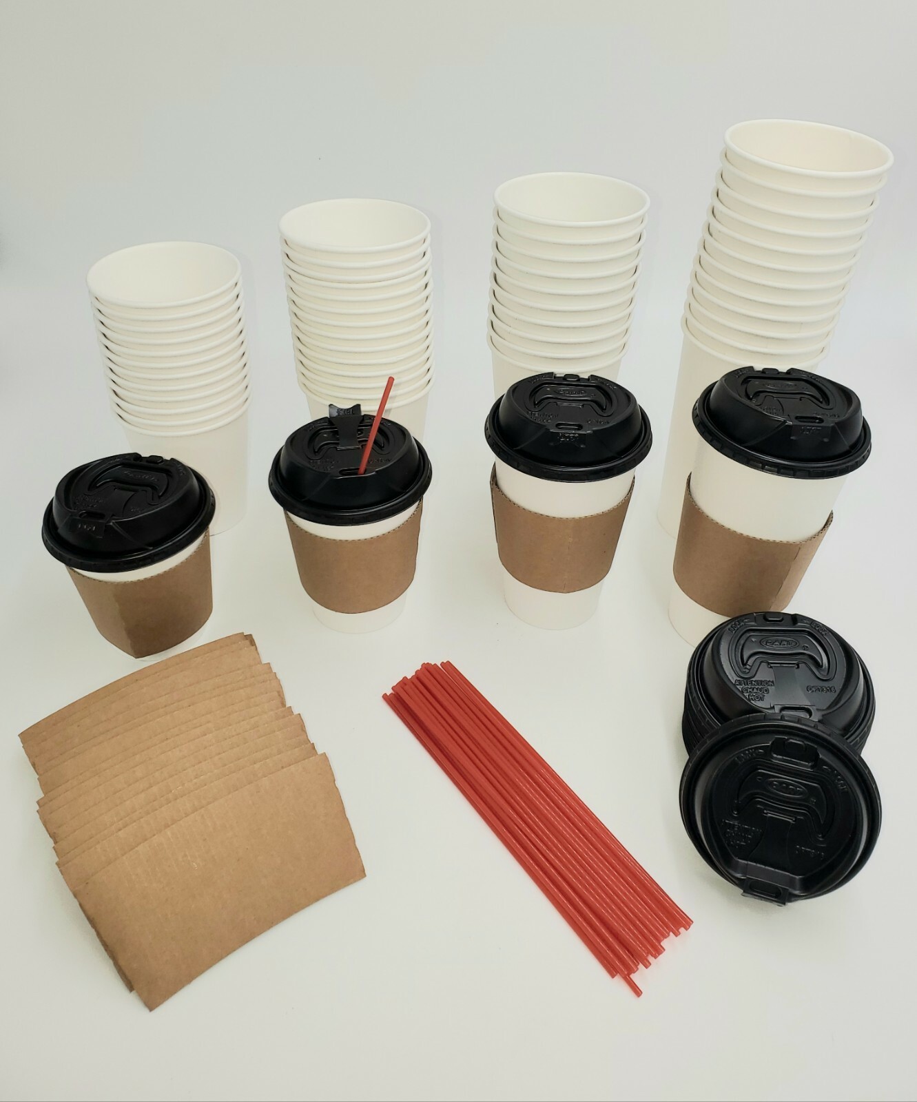 10oz-20oz HOT COFFEE CUP + DOME LID + SLEEVE + PLASTIC STIRRER PACK