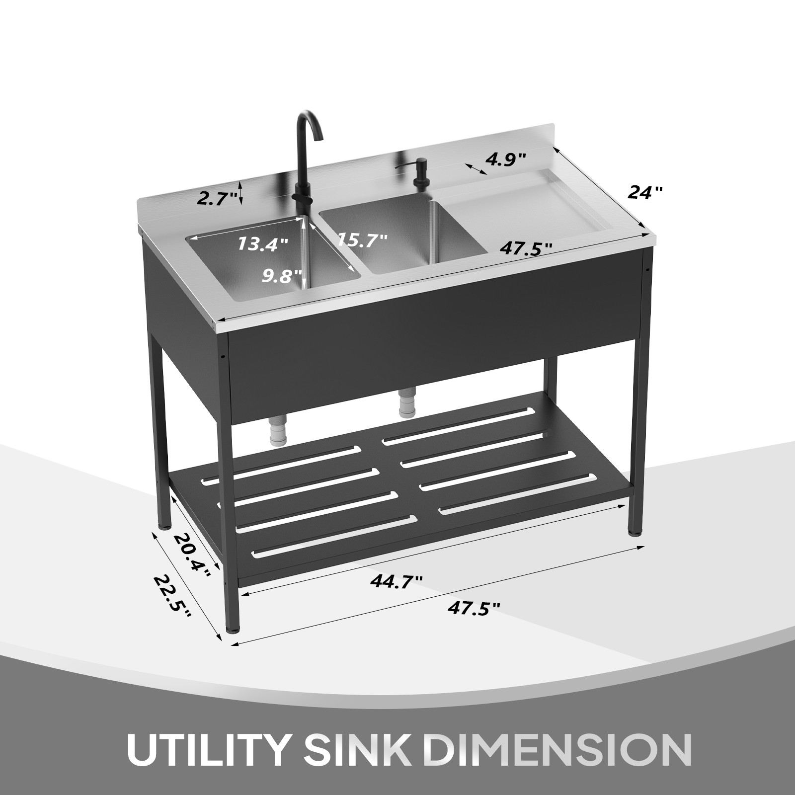 Heavy-Duty Stainless Steel Double Bowl Utility Sink, 47.5″D x 24″W x 38.9″H New