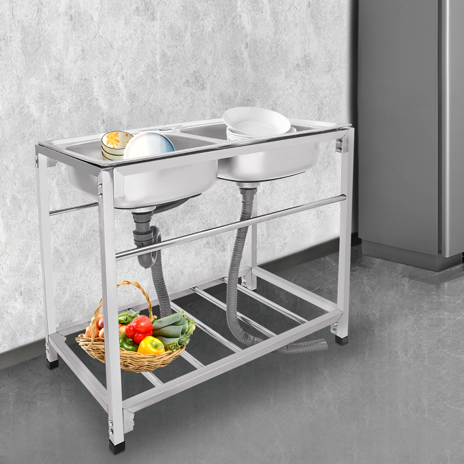Commercial Stainless Steel Kitchen Sink Free-standing Utility Double-Bowls Sink