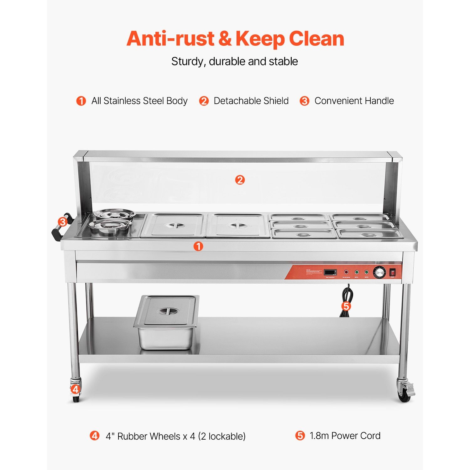 Commercial Food Warmer, 8 Pans + 2 Pots Electric Steam Table, 1800W Professional