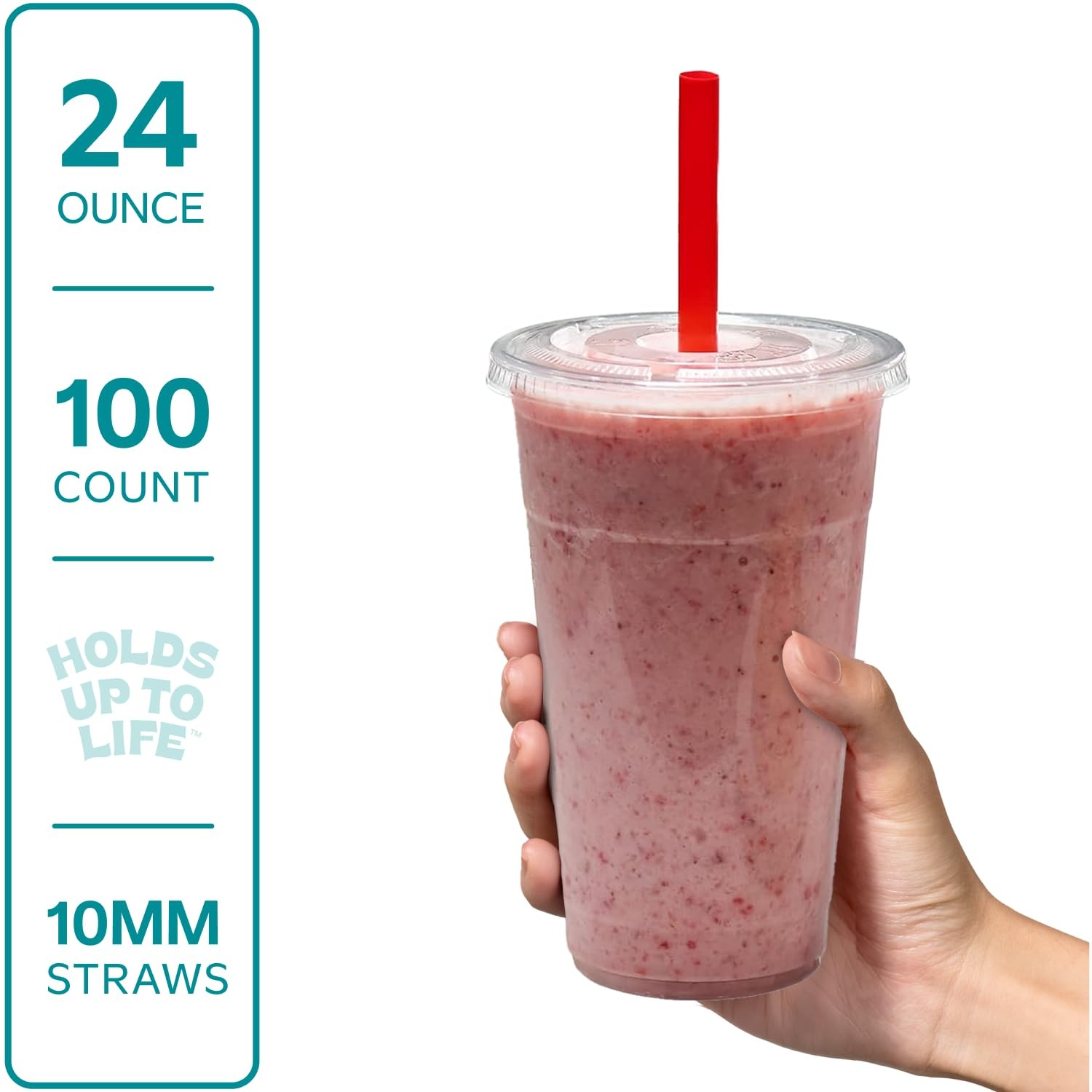 [24 oz. – 100 Count Clear Cups with Flat Lids & Straws – Disposable Clear Dri…