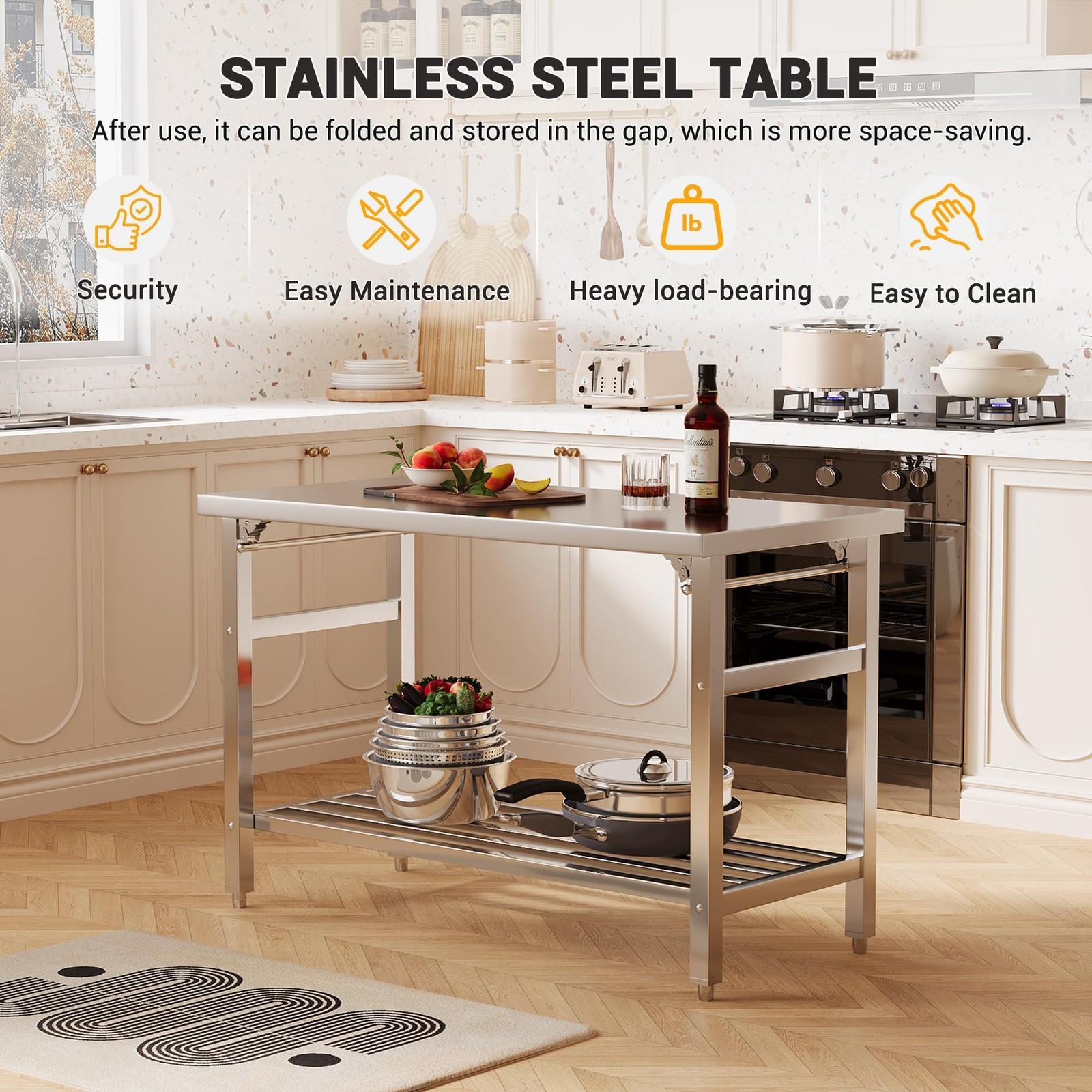 Folding Stainless Steel Work Table ,Heavy Duty Prep Table for Kitchen Restaurant