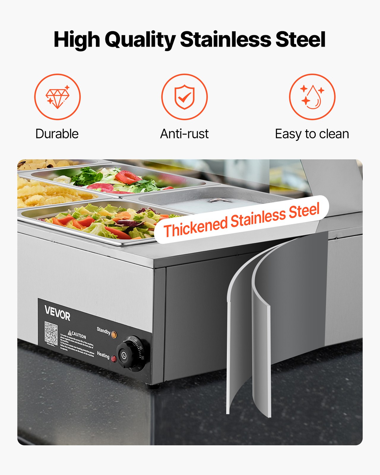VEVOR Commercial Food Warmer 6x 1/2 Size Pans Buffet Bain Marie with Glass Cover