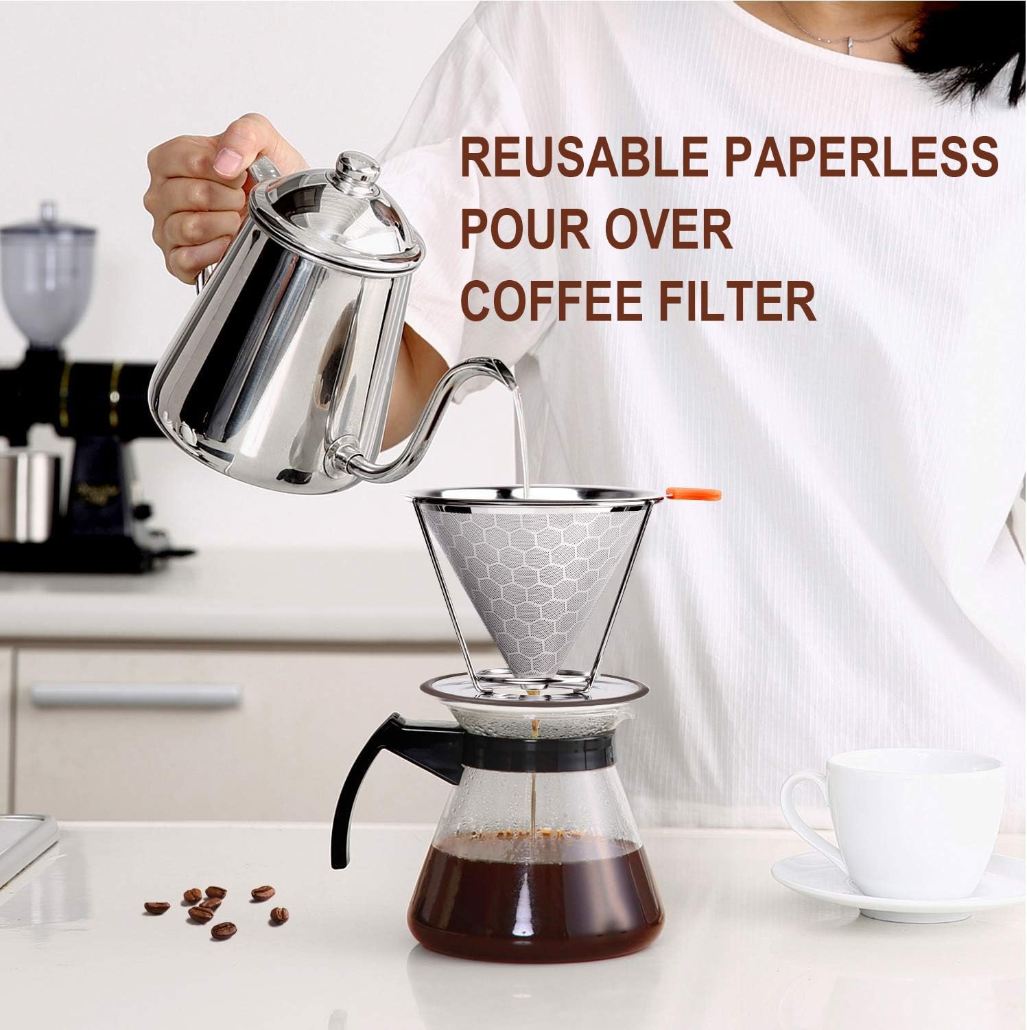 Pour Over Coffee Dripper, Stainless Steel Filter, Easy to Clean Paperless Pour O