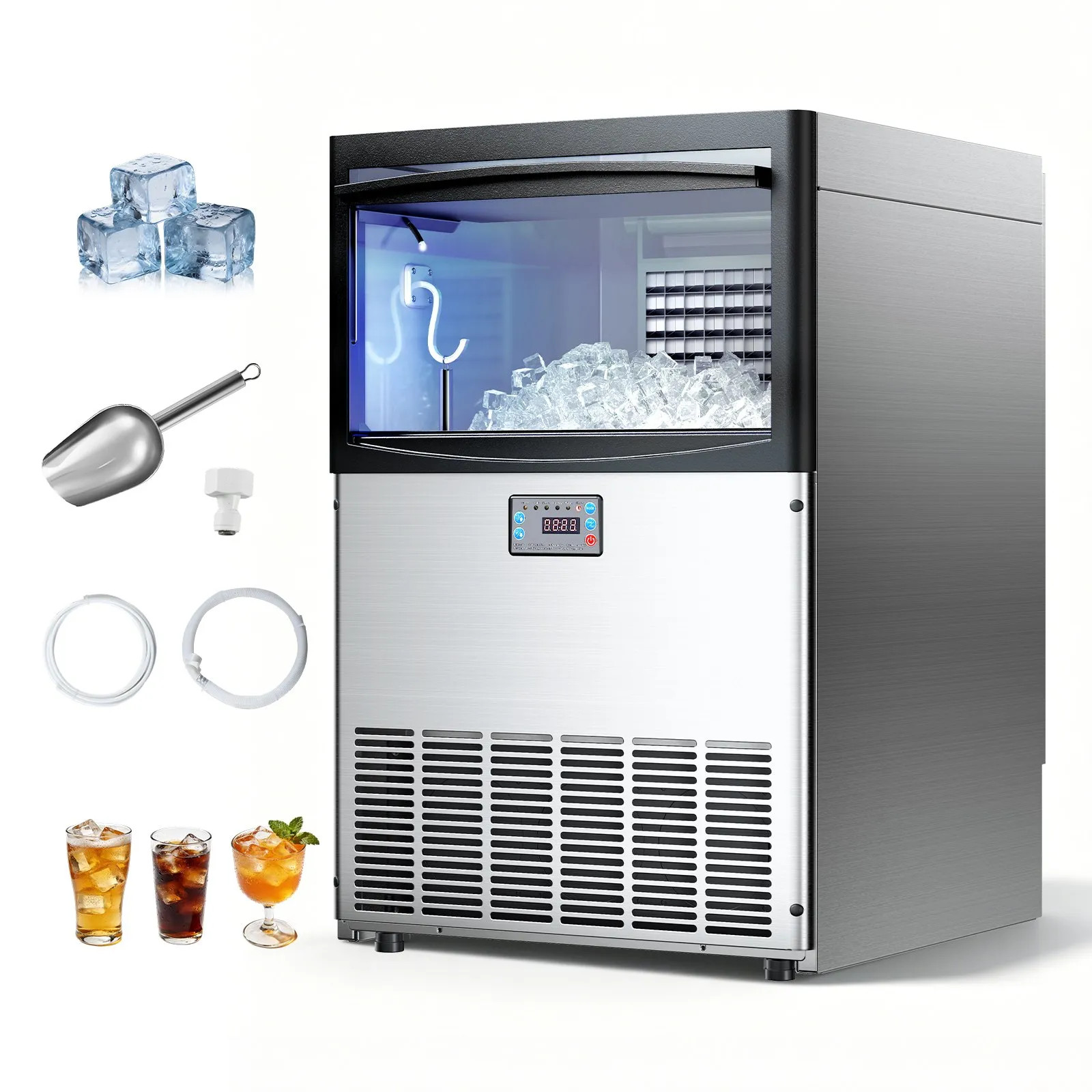 Commercial Ice Maker 200LBS/24H 50LBS Storage Under Counter w/ Self-Clean