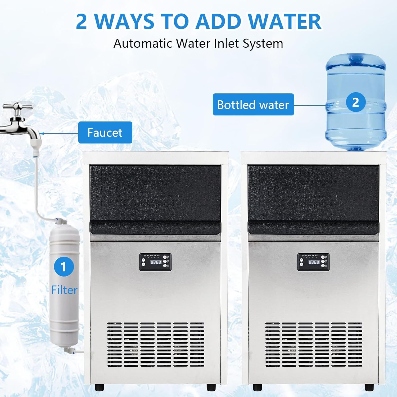 Commercial Ice Machine 100 LBS/24h,Ice Maker with 2 Water Inlet Modes & 45lb Bin