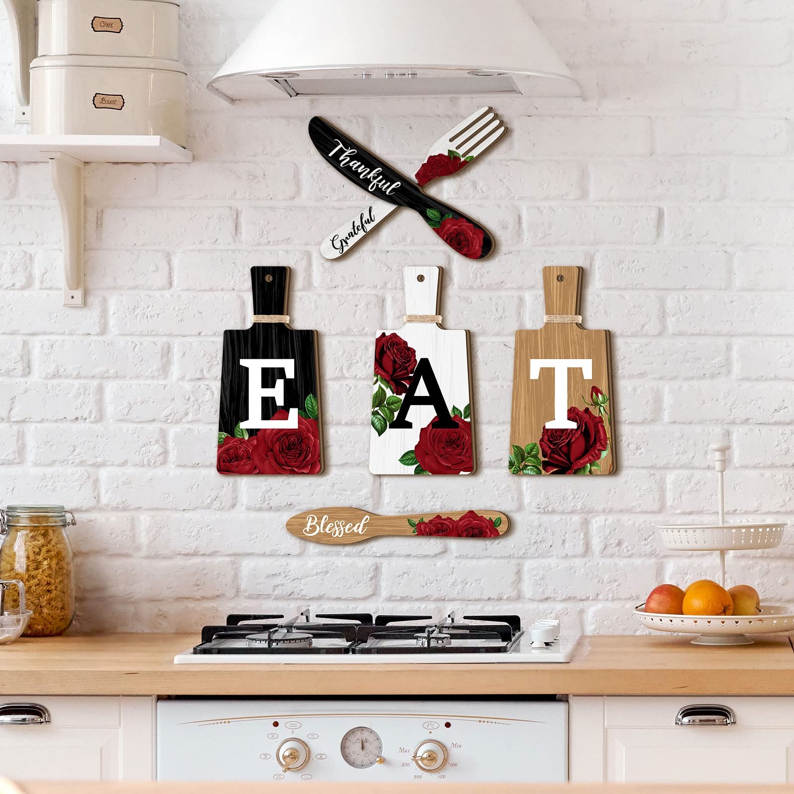 6 Pcs Kitchen Wall Decor Cutting Board Eat Sign Farmhouse Red Rose Wooden Kitche