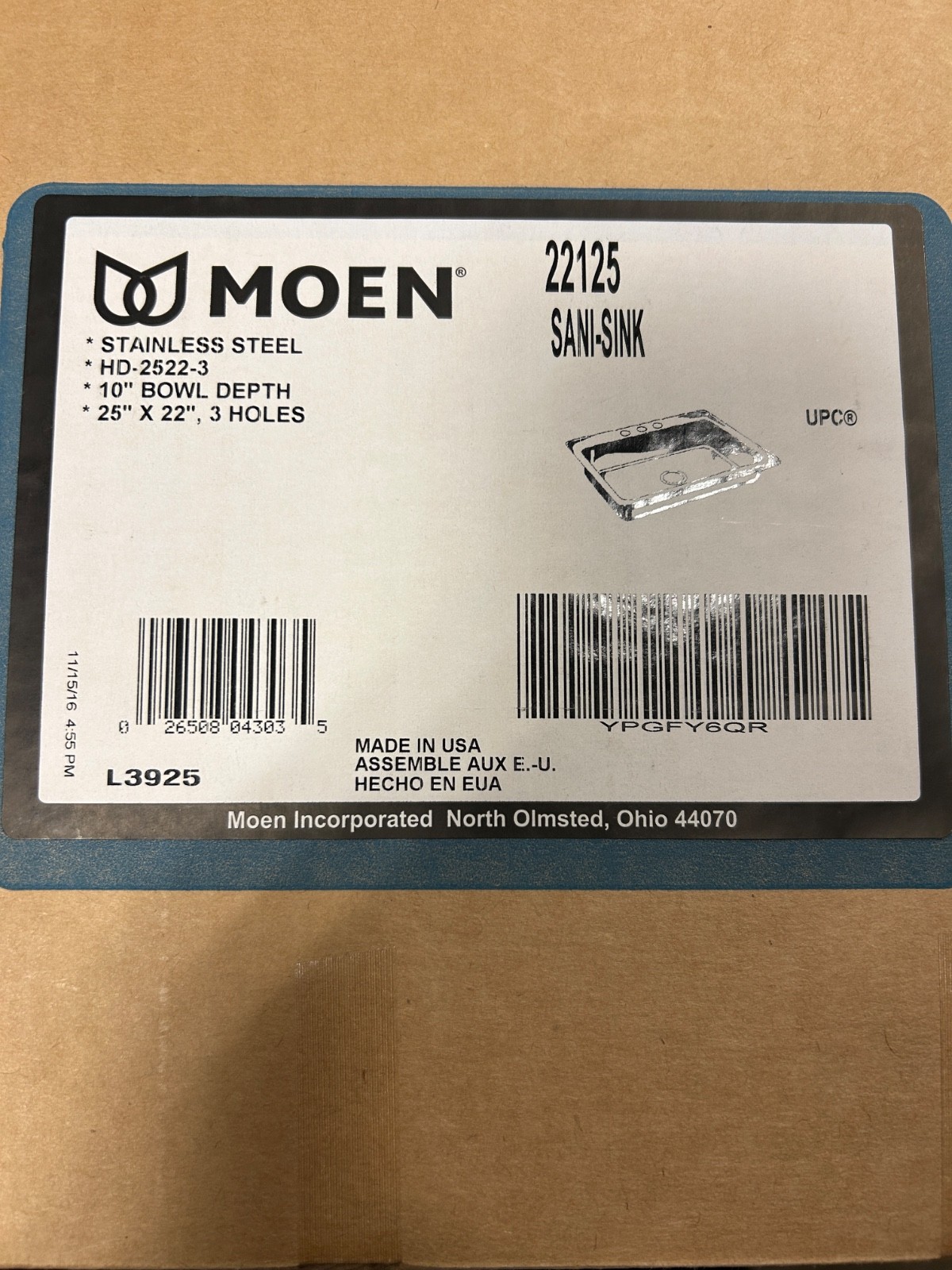 Moen Commercial 25″X22″ Stainless Steel 18 Gauge Single Bowl Drop In Sink 22125