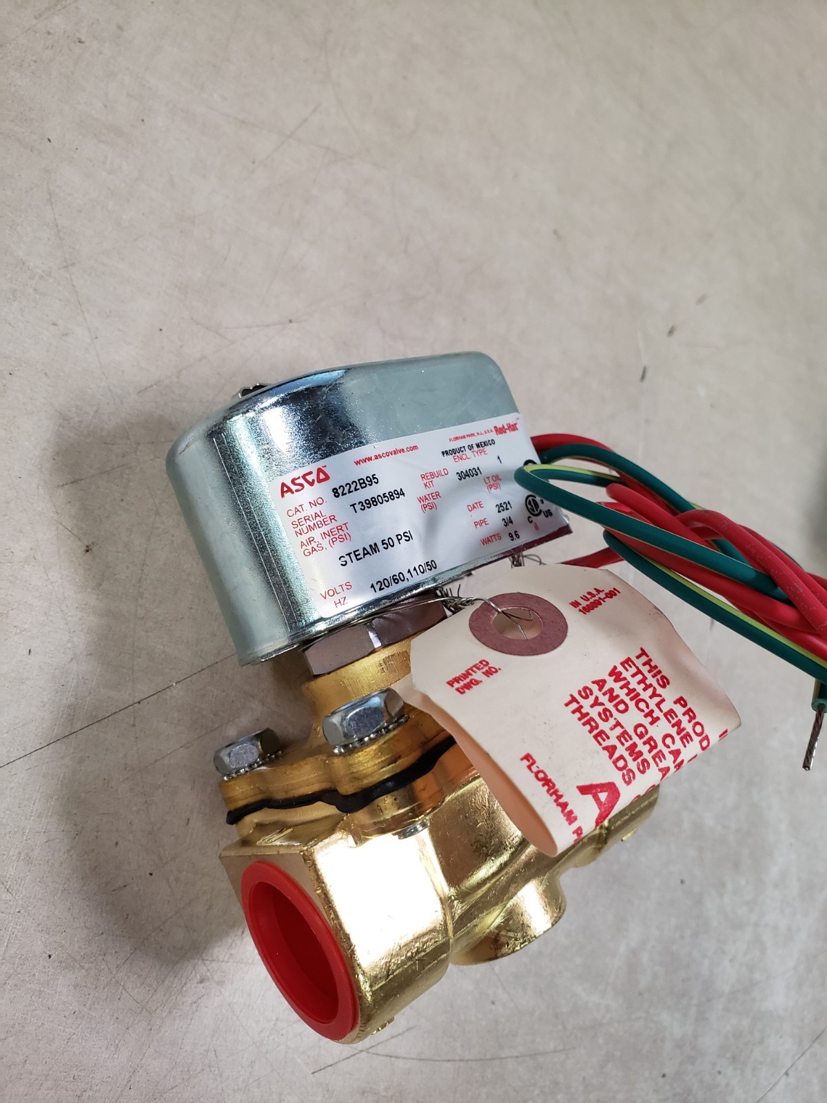 ASCO Steam Solenoid Valve 8222B95, 0-50 PSI, 3/4″ NPT, 120V 60Hz or 110V 50Hz