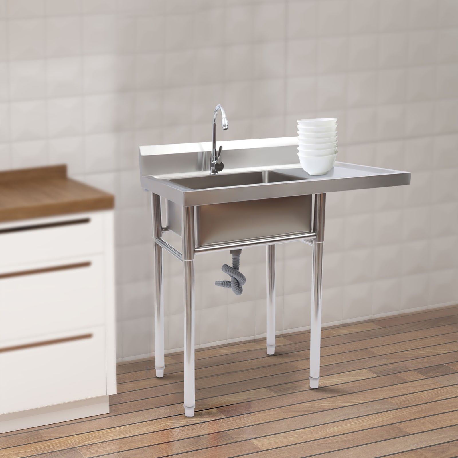 Free Standing Single Bowl Sink Commercial Restaurant Kitchen Sink with Faucet