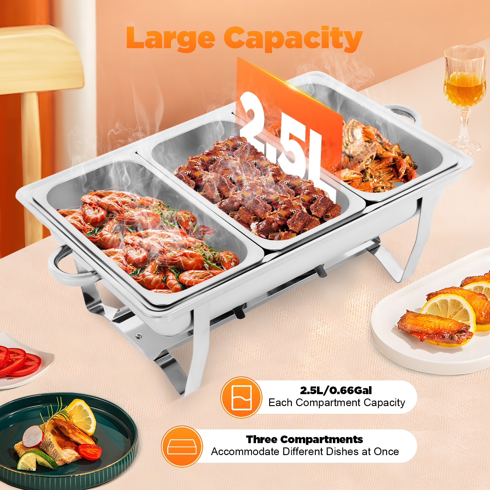 3 Pan Food Warmer Stainless Steel Buffet Set Food Pan Catering Chafer with Lid