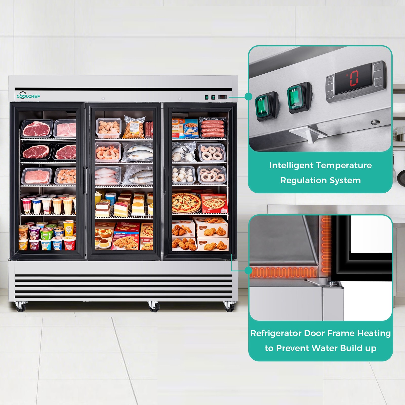 Commercial 81» Reach-In Refrigerator Stainless Steel Glass 3 Doors 72 Cu.ft.