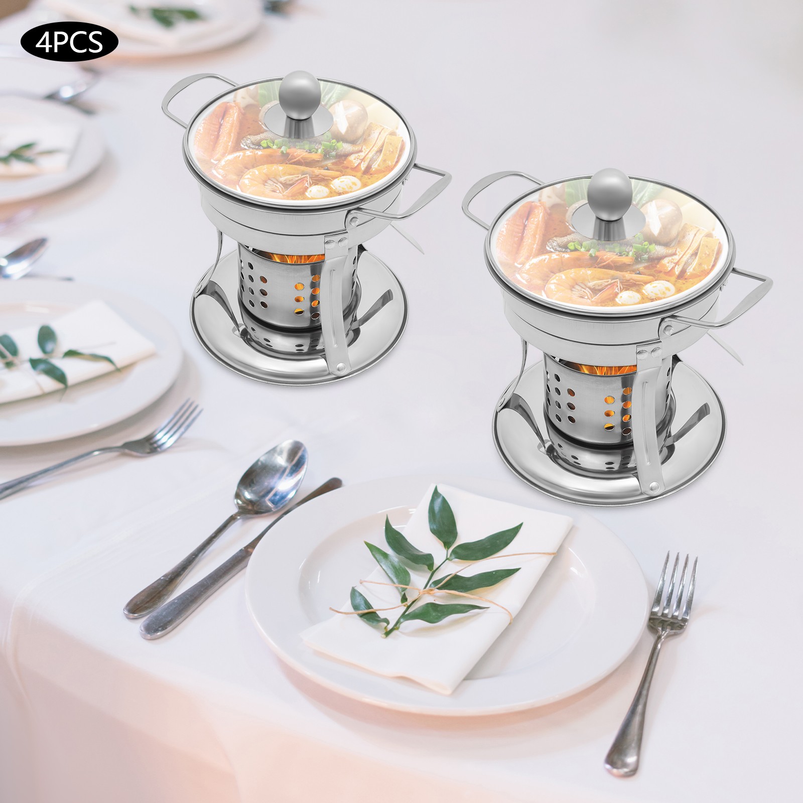 4-Pack 410 Stainless Steel 5L Chafing Dish Set with Glass Lids for Buffet