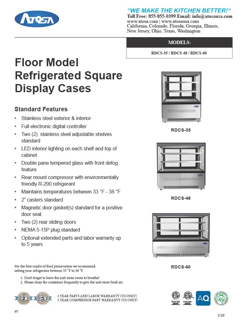 Atosa RDCS-35 35″ Refrigerated Display Square WITH 5 YEAR PARTS $ LABOR WARRANTY