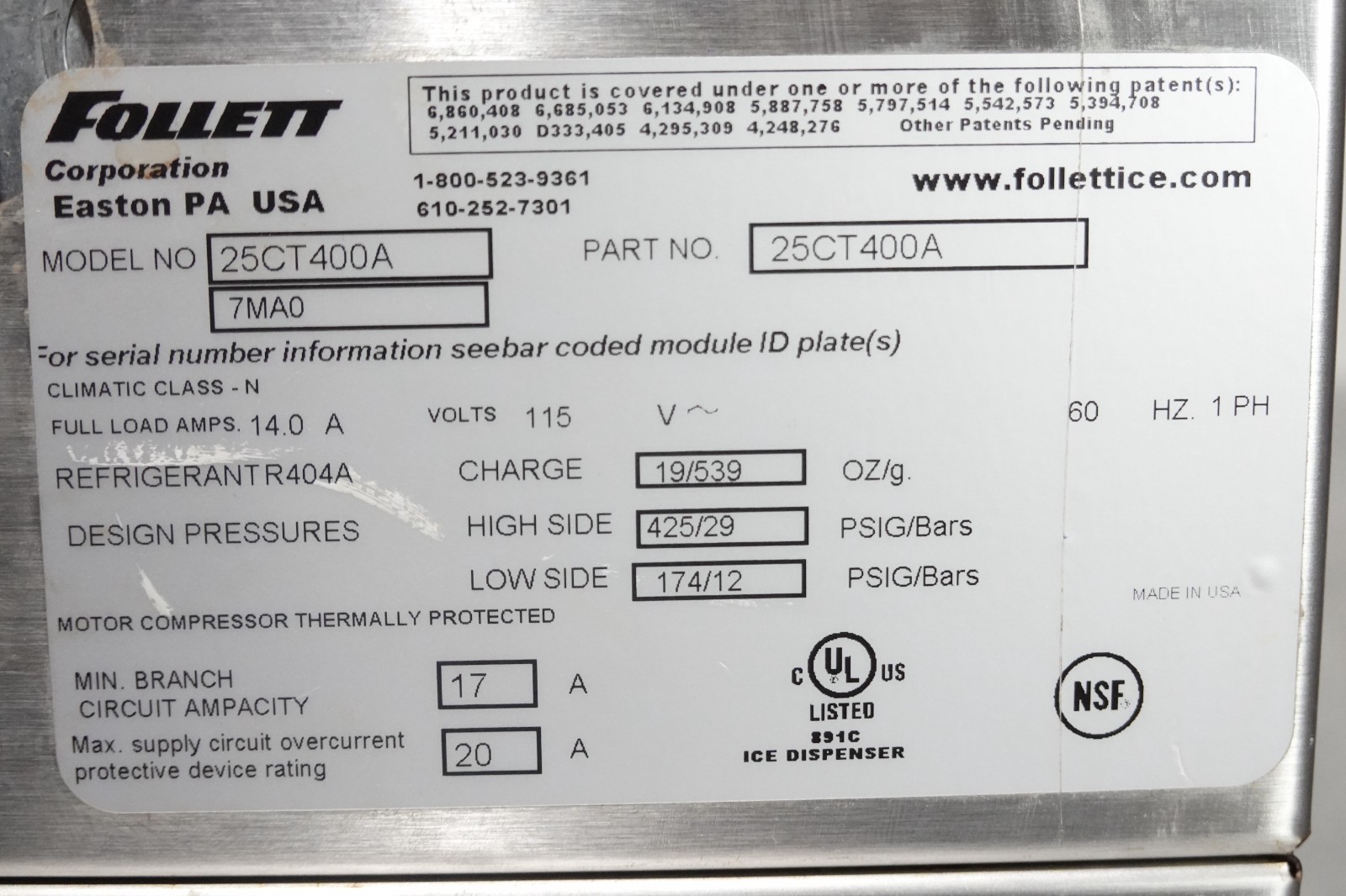 FOLLET 400 LBS AIR COOLED ICE MAKER/WATER DISPENSER (CHEWABLE ICE) MODEL 25CT400
