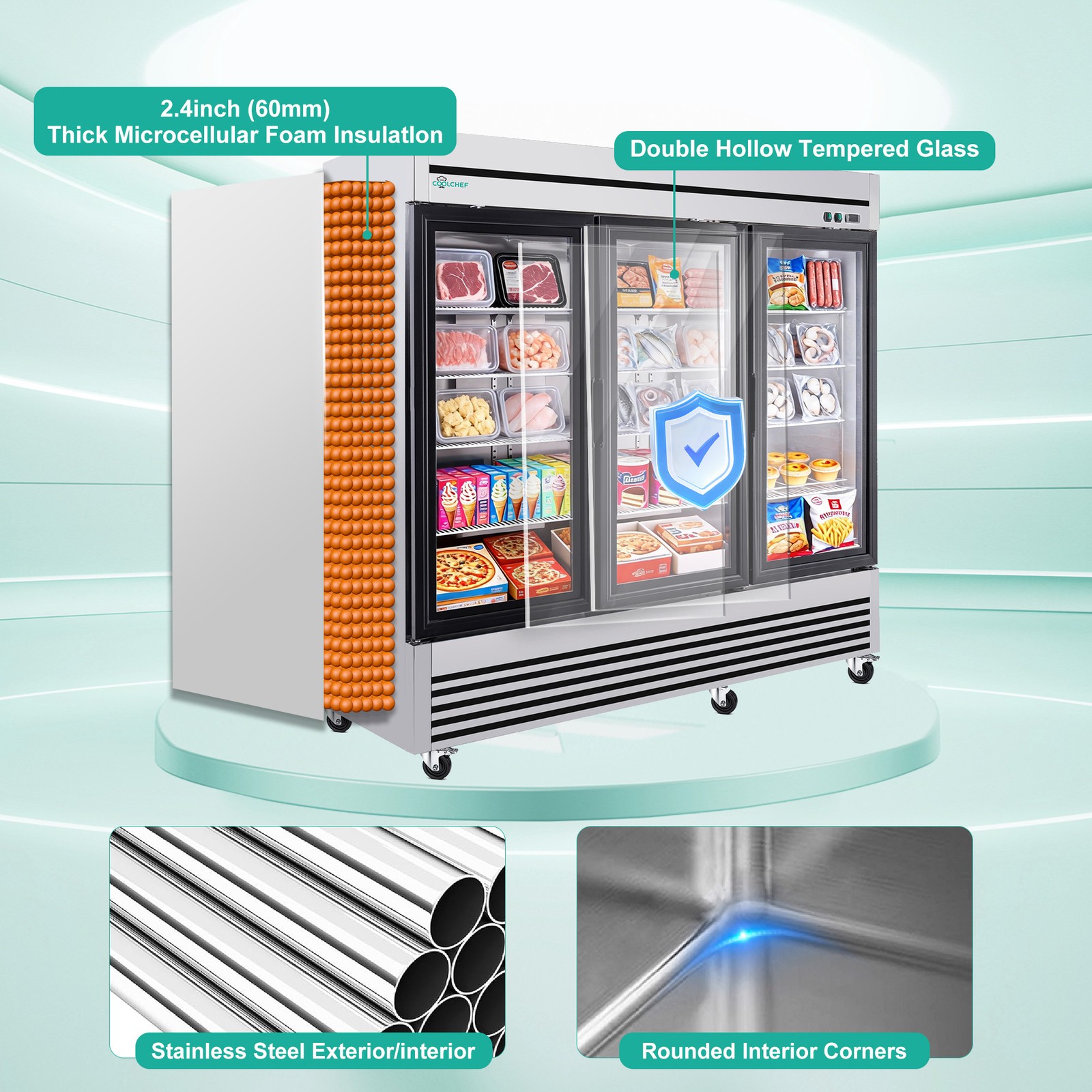 Commercial 81» Reach-In Refrigerator Stainless Steel Glass 3 Doors 72 Cu.ft.