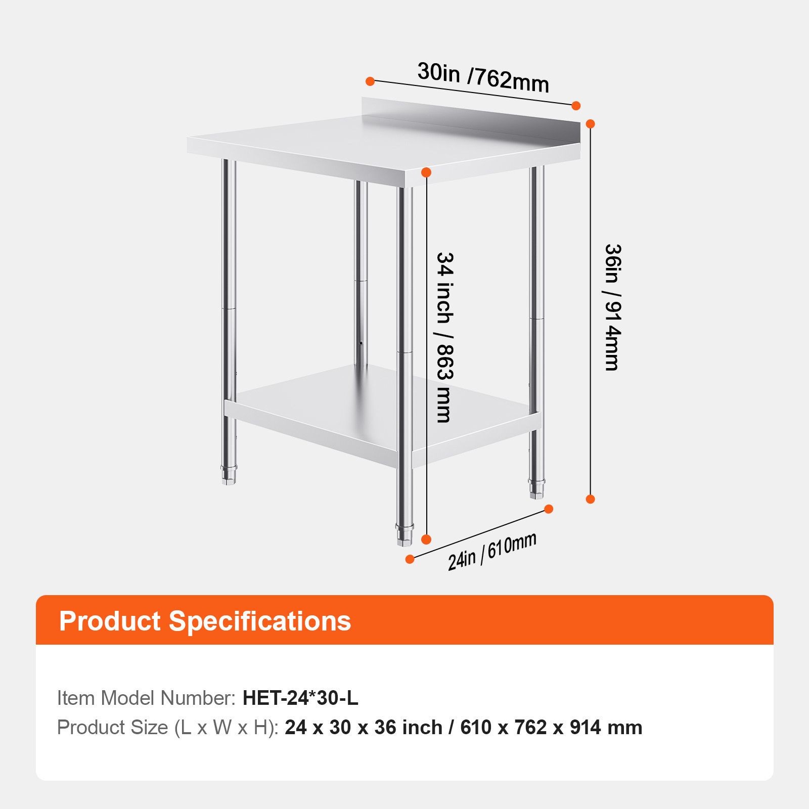 24 x 30 x 36 Inch Stainless Steel Work Table, Commercial Food Prep Worktable