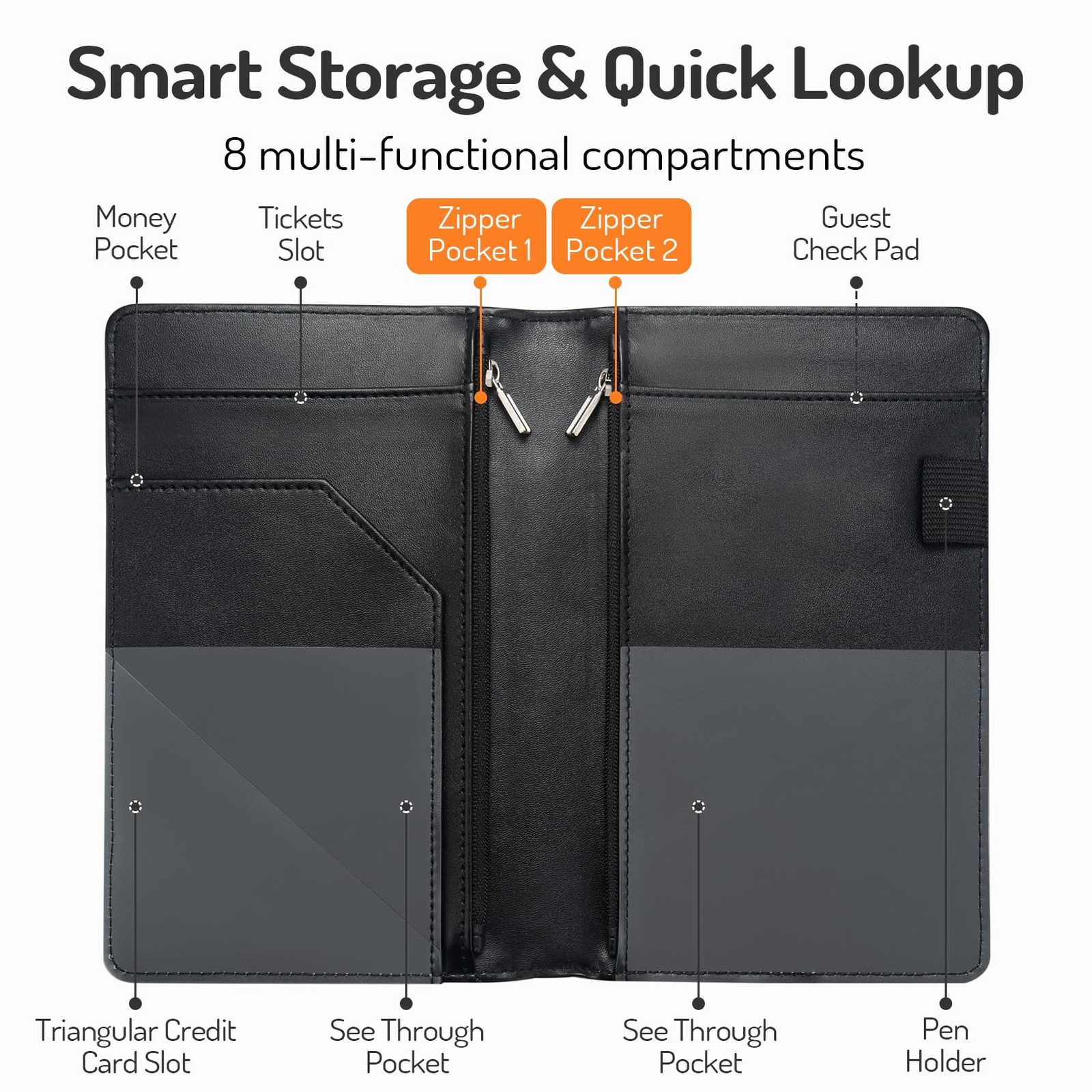Server Book with 2 Zipper Pockets, Leather Standard Version, Glitter Black