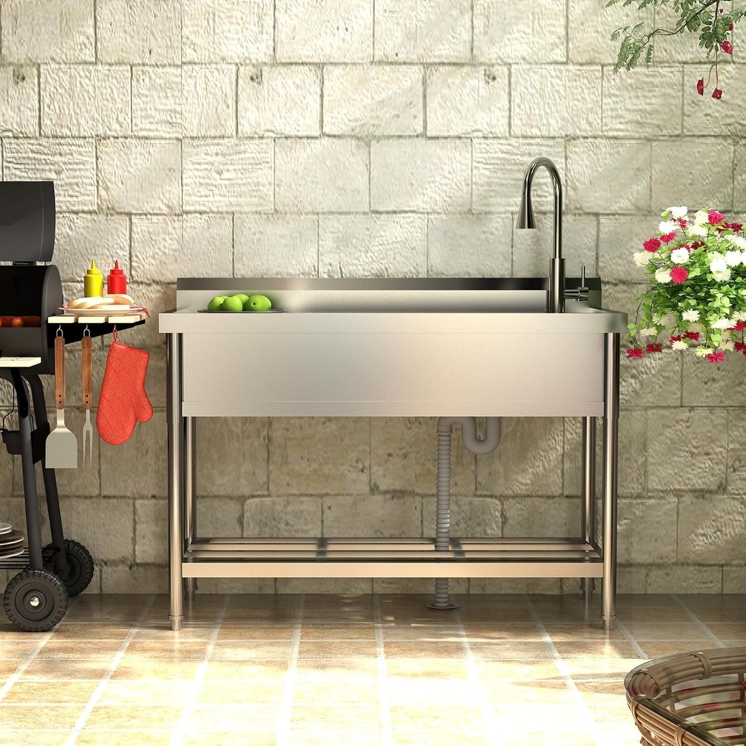 47″x37″x42.5″ Stainless Steel Utility Sink W/Hot & Cold Water Faucet,Garden Sink