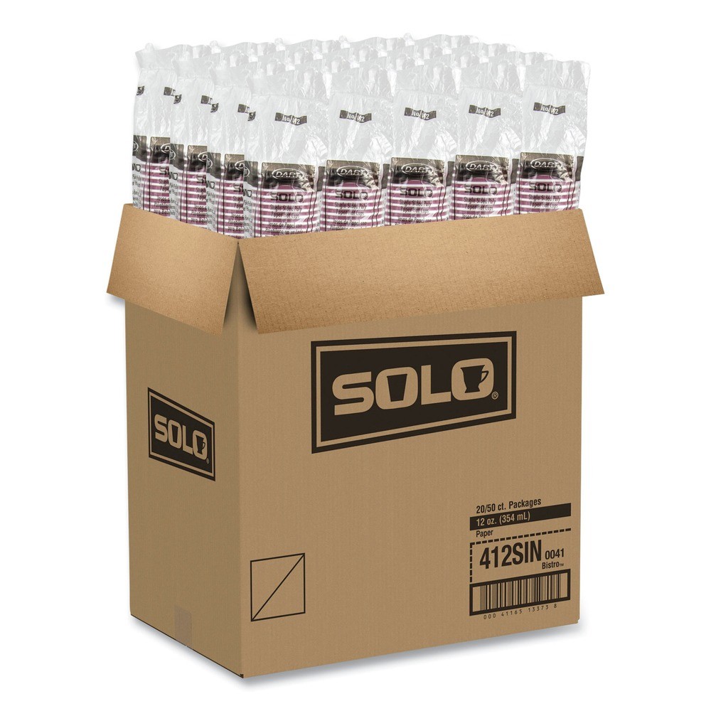 SOLO 412SINPK 12 oz. Paper Hot Drink Cups in Bistro Design – Maroon (50/PK) New