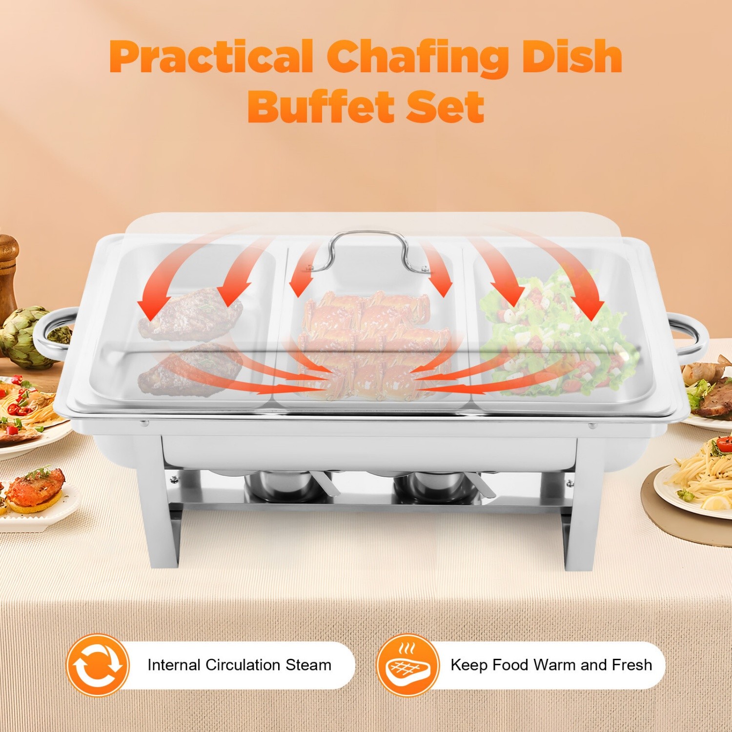 Chafing Dish Buffet Set Stainless Steel Food Warmer with 3 Pan for Wedding