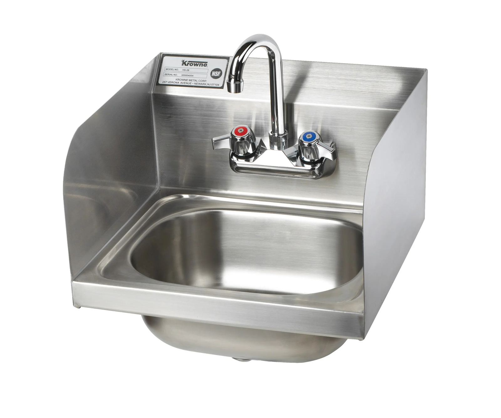 Krowne Metal HS-26L 16″ Wide Hand Sink w/ Side Splashes & Gooseneck Spout Faucet