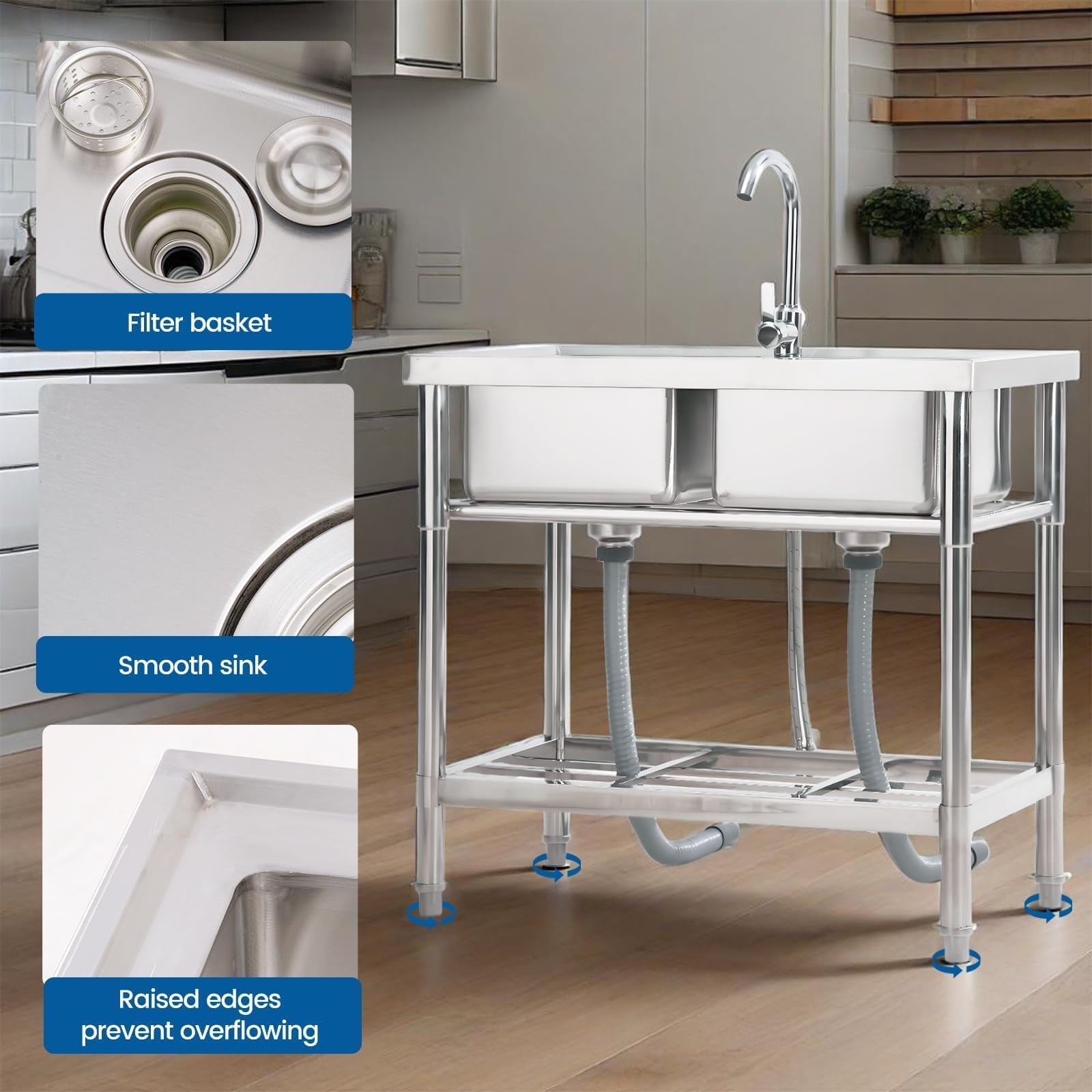 Stainless Steel Utility Sink 33″x18″x30″ Free Standing Double Bowl Sink w/Faucet
