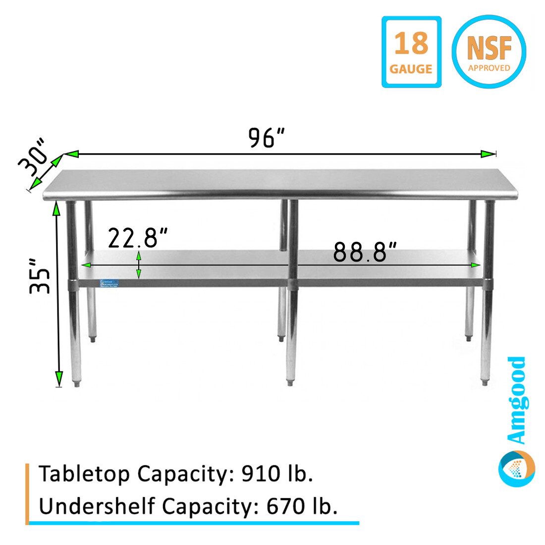 30″ X 96″ Stainless Steel Work Table With Galvanized Undershelf