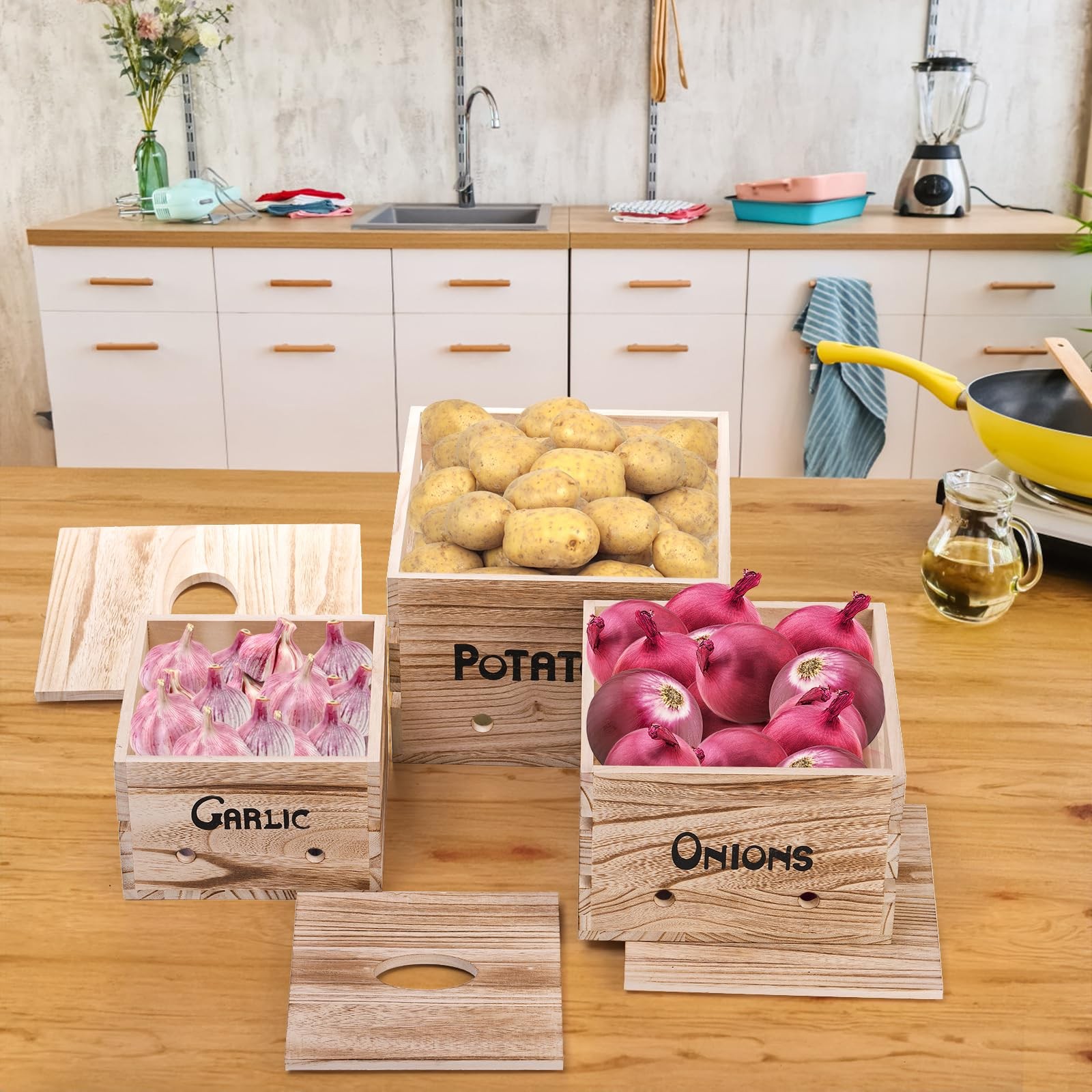 Frcctre 3 Pack Vegetable Storage Bins Farmhouse Potato Onion Garlic Kitchen