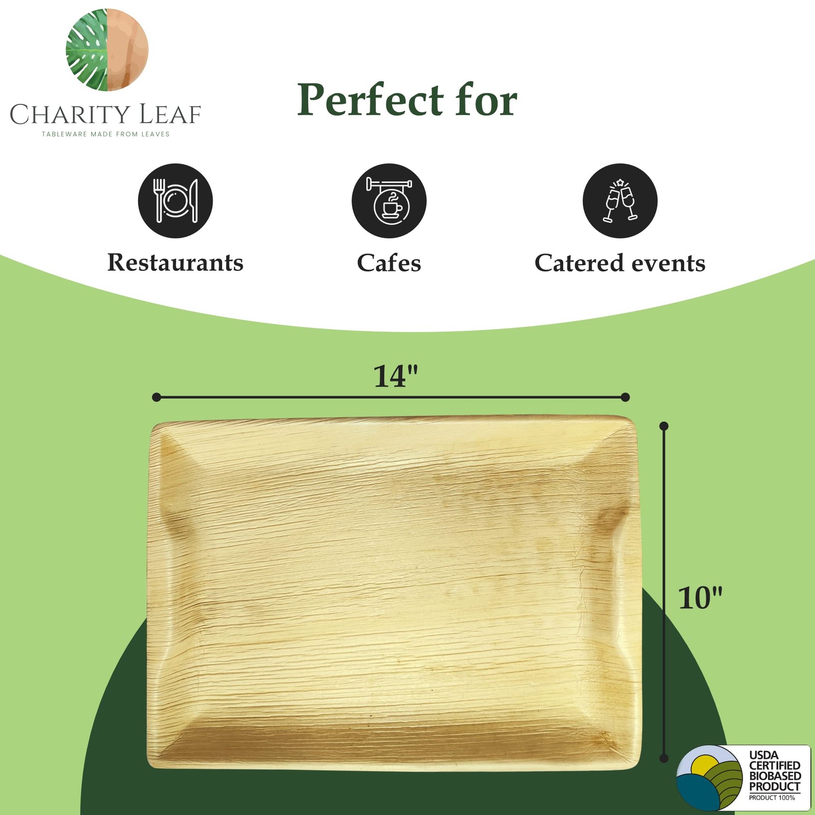 Charity Leaf Disposable Palm 14″ x 14″x10″ trays (10 pcs), Natural Brown