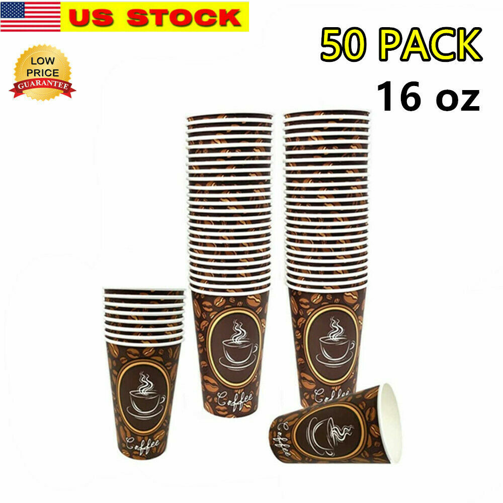 50 Pack Quality Disposable Paper Hot Coffee Tea Cups – 16oz USA SELLER