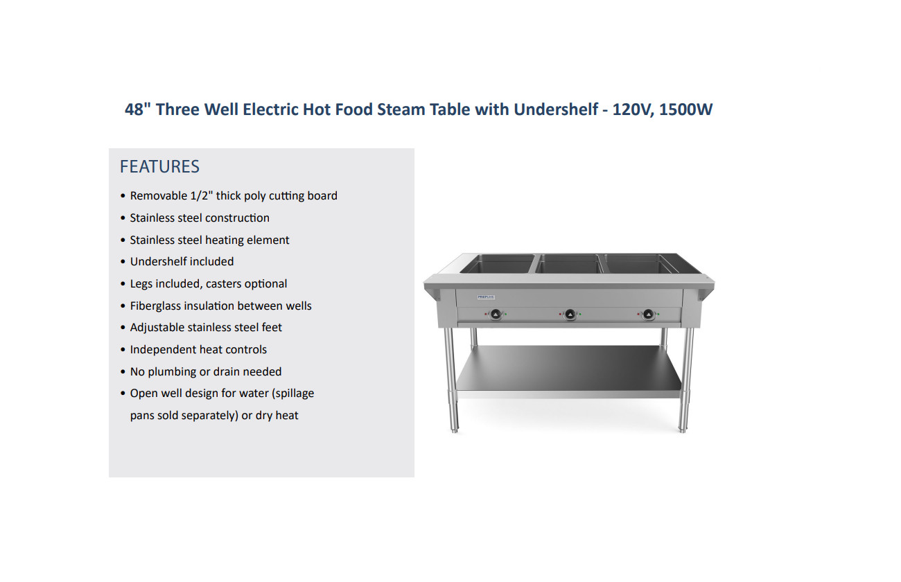Prepline EST48-3O, 48″ Three Well Electric Hot Food Steam Table with Undershelf