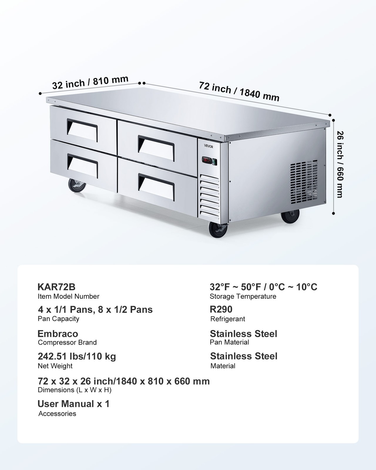 VEVOR Commercial Chef Base Refrigerator Kitchen Prep Worktable 72 in Four Drawer