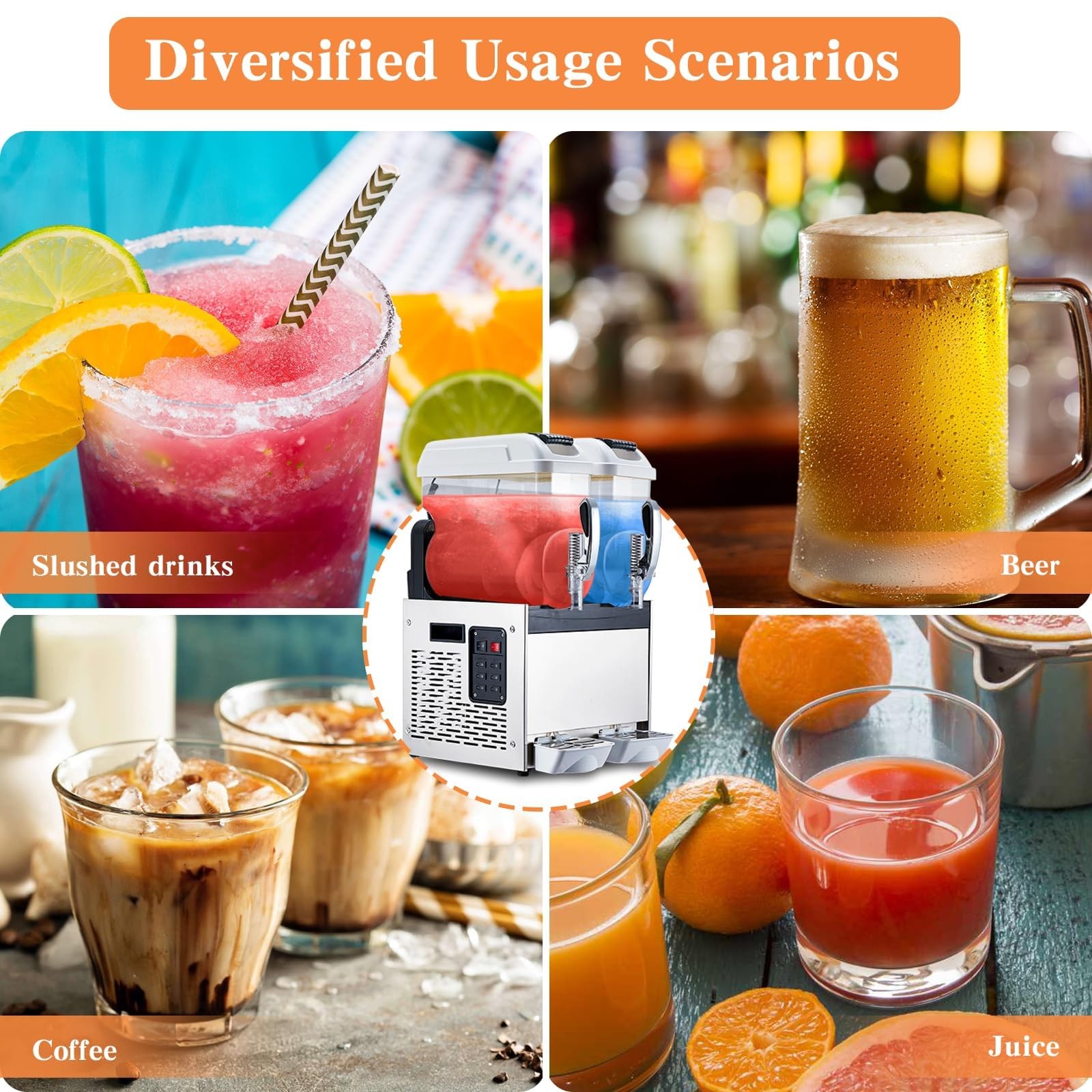 Self-Cleaning Dual 4L Commercial Slushie Machine, 370W, 7.2L, Carbon Steel Hand