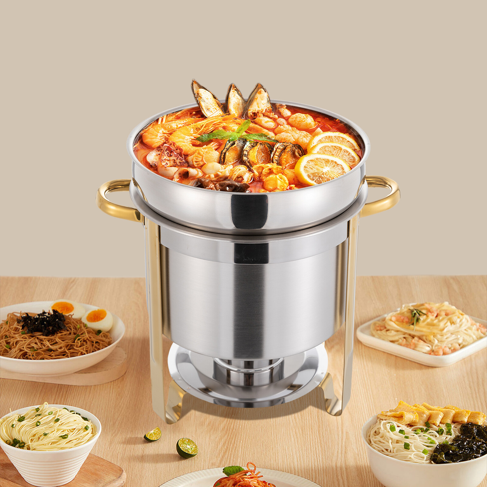 11.62Qt Round Stainless Steel Soup Warmer Soup Chafer with Pot Lid & Fuel Holder