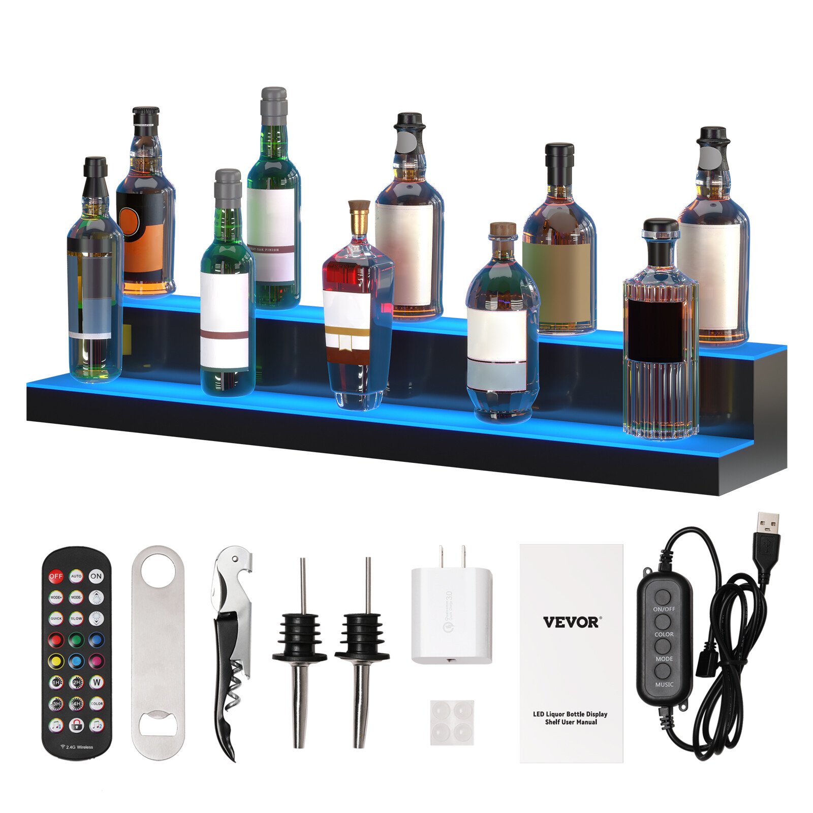 VEVOR LED Lighted Liquor Bottle Display Bar Shelf RF & App Control 40″ 2-Step
