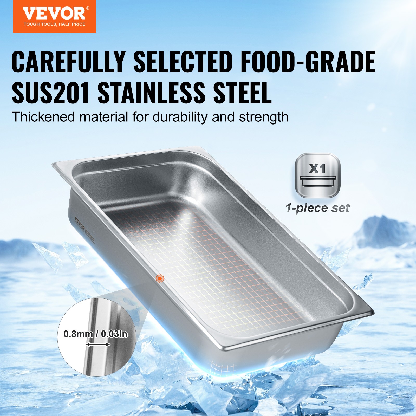 VEVOR Full Size Hotel Pan Steam Table Pan Stainless Steel 4″ Deep