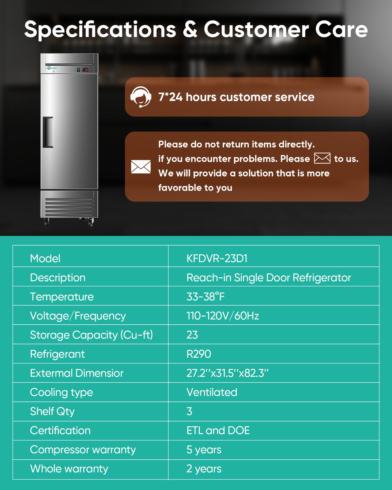 Commercial 27» Reach-In Refrigerator Stainless Steel Solid 1 Door 23 Cu.ft.
