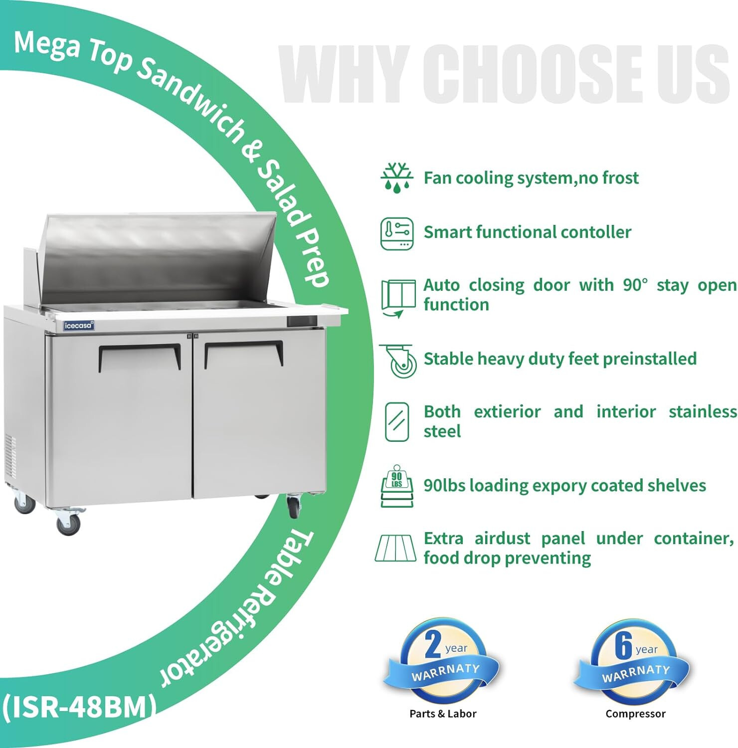 48″ Mega Top Sandwich Prep Table, ICECASA 2 Door Food Bain Marie Cooler, 18 Pans