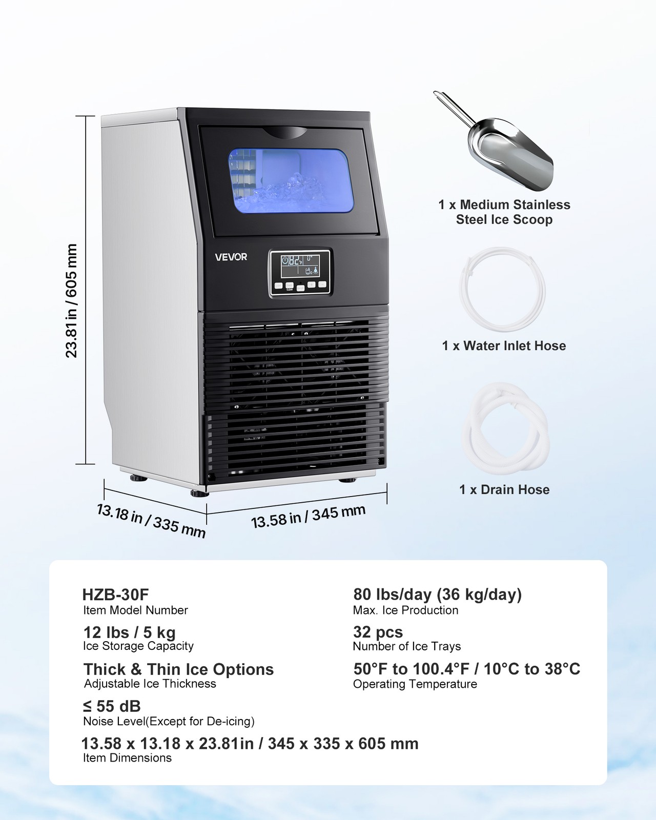 VEVOR Commercial Ice Maker 80lbs/24h Ice Machine 12Lbs Storage Bar Restaurant