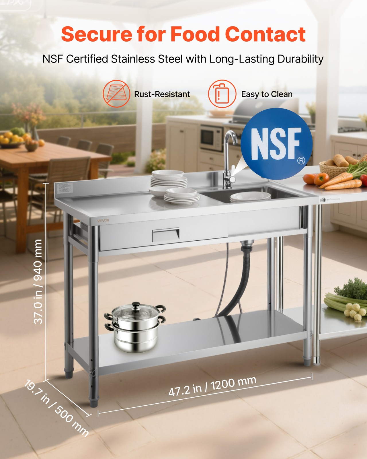 VEVOR Stainless Steel Utility Sink with Drawer Single Bowl 47.2 x 19.7 x 37 in