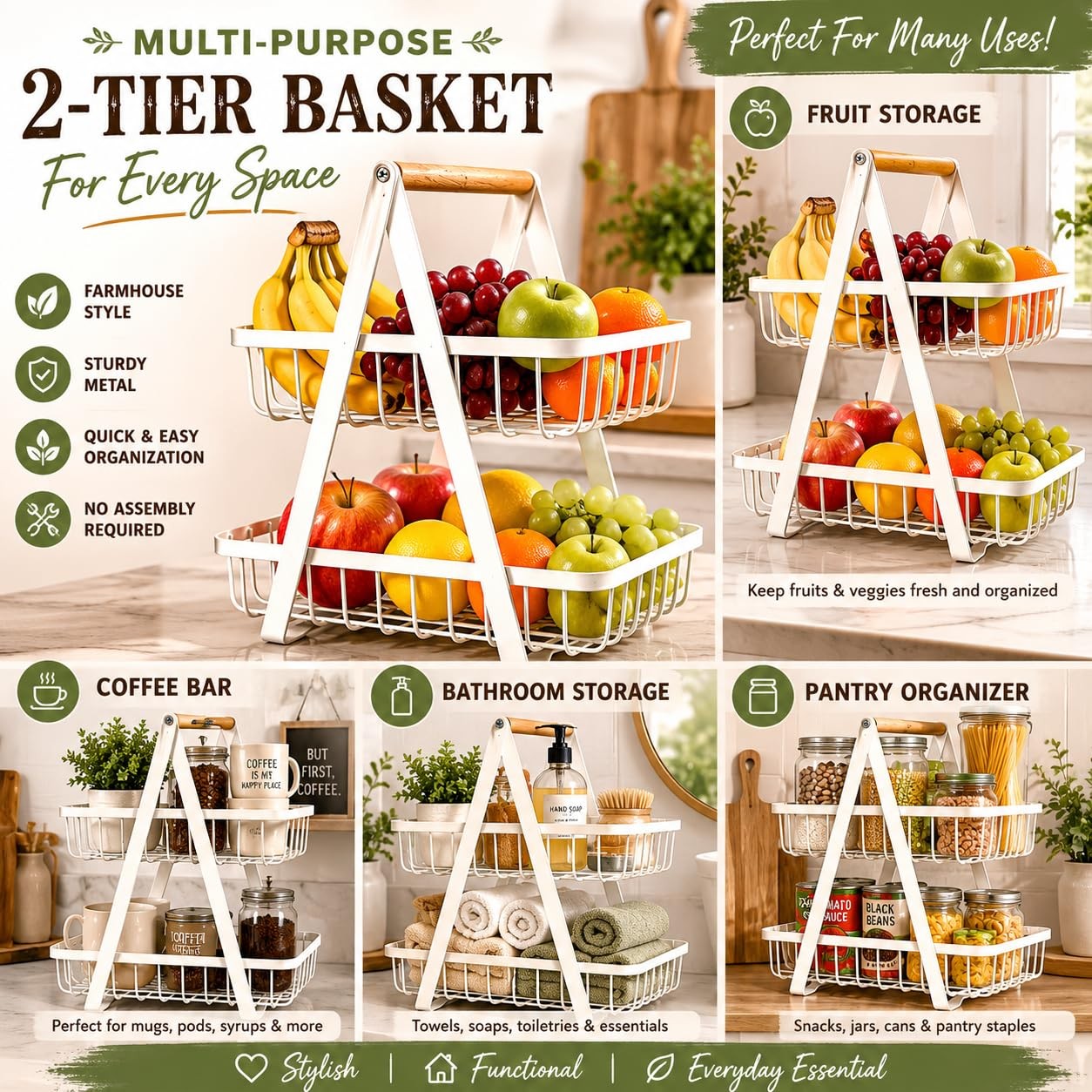 2-Tier Metal Fruit Basket Stand – Farmhouse Countertop Organizer for Fruit, V…