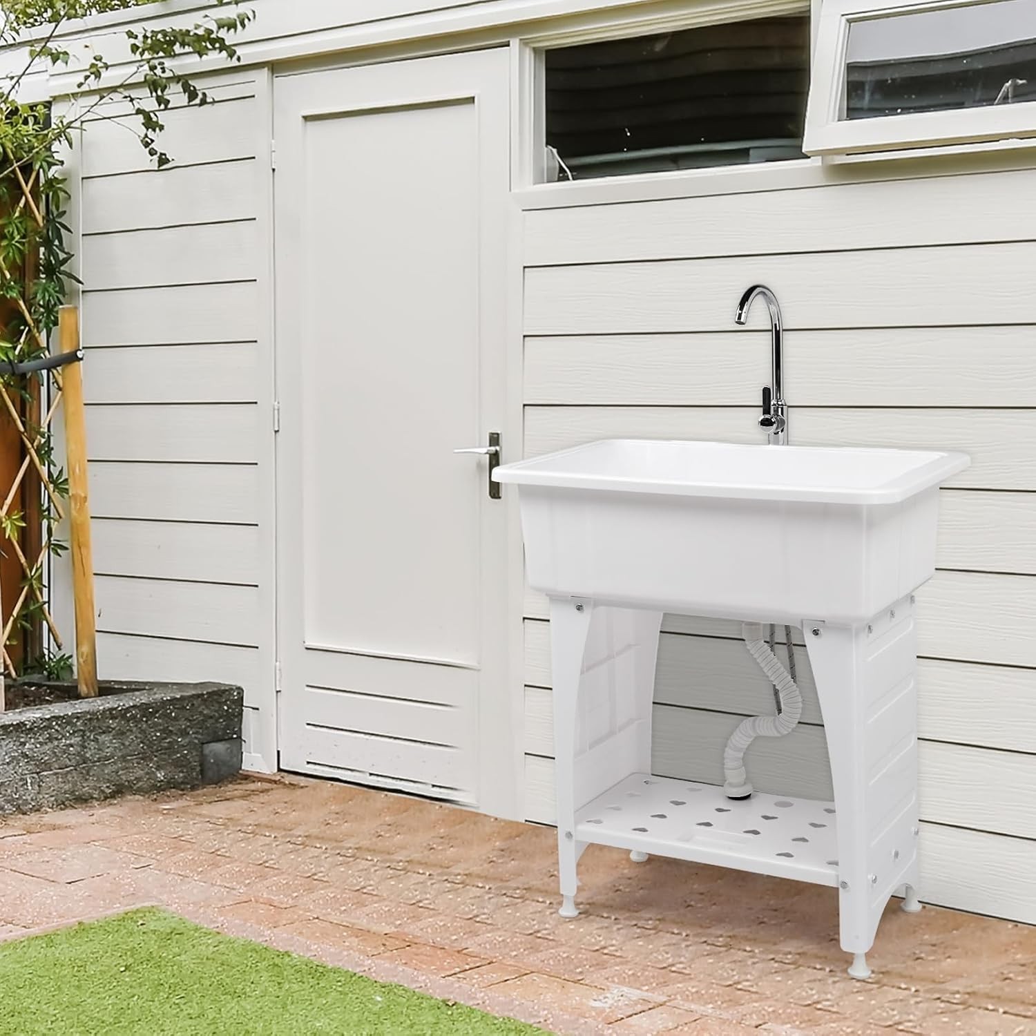 Utility Sink Laundry Tub for Washing Room with Removable Drainboard/Faucet White