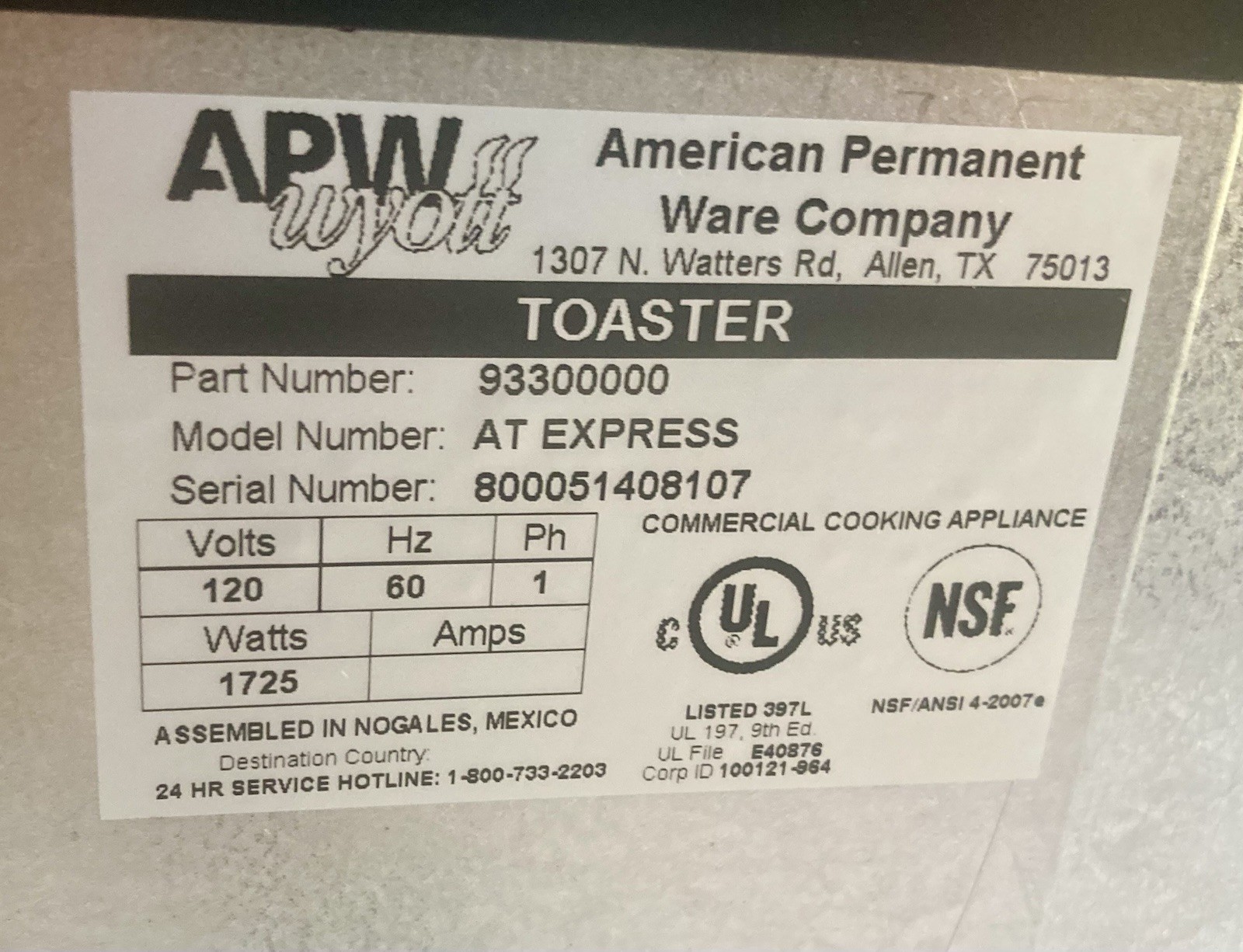 Heavy Duty APW Wyott AT Express Radiant Conveyor Toaster 120 V TESTED Kitchen