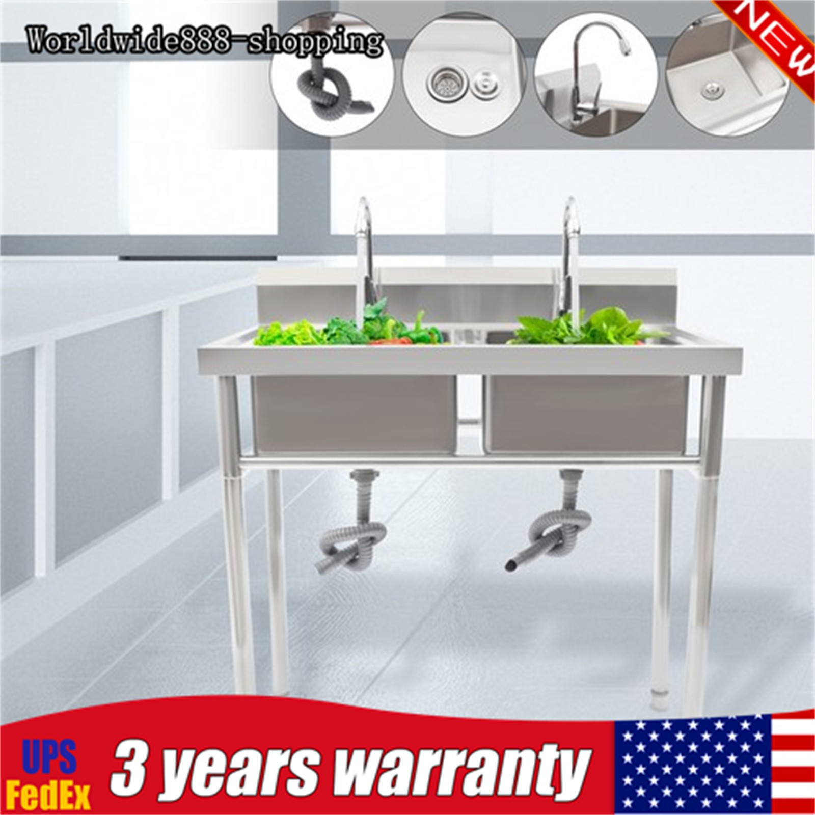 Stainless Steel Sink 2 Compartment Commercial Kitchen Sink w/Faucet Utility Sink