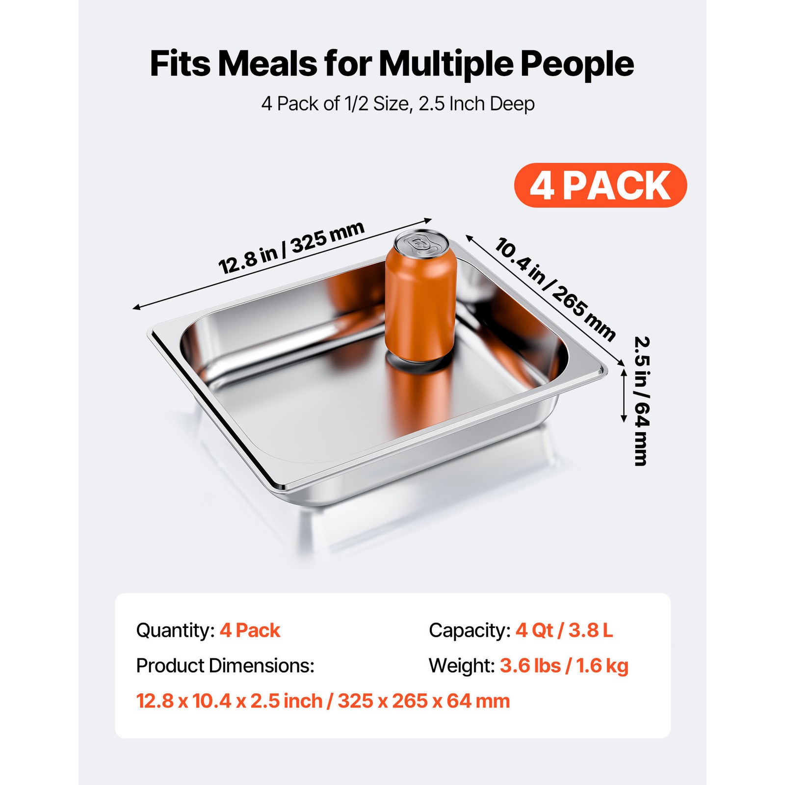 Uimoso 1/2 Size Stainless Steel Hotel Pans, 2.5-Inch Deep, Set of 4