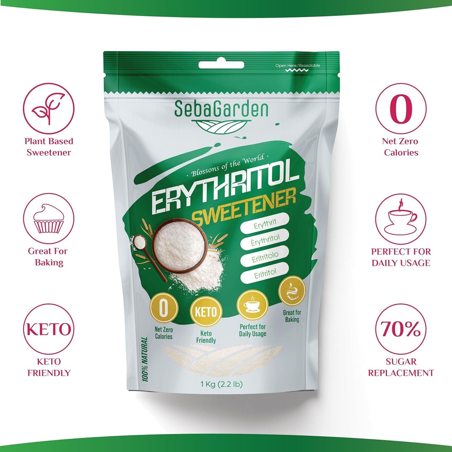 100% Erythritol Sweetener, 1kg 2.2lb, Natural, Granulated Sugar Substitute Oh…