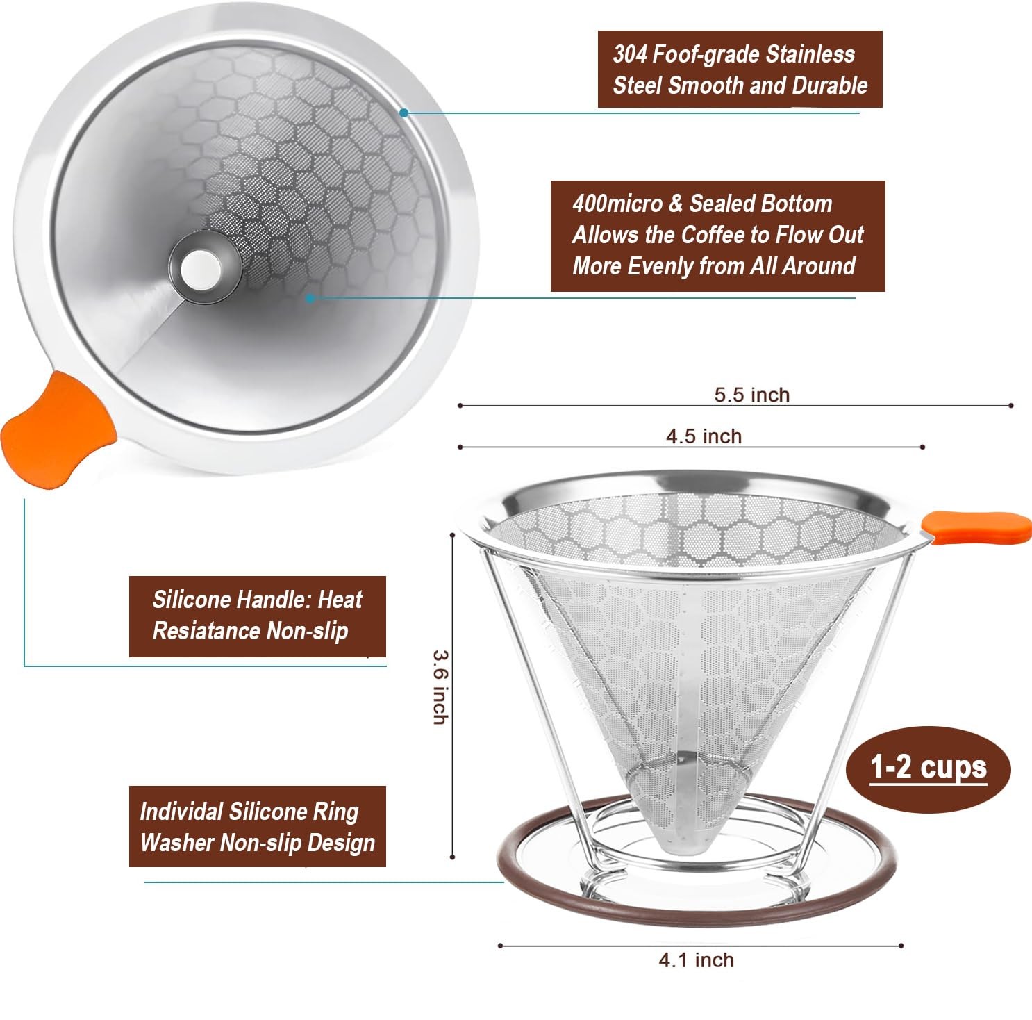 Pour Over Coffee Dripper, Stainless Steel Filter, Easy to Clean Paperless Pour O