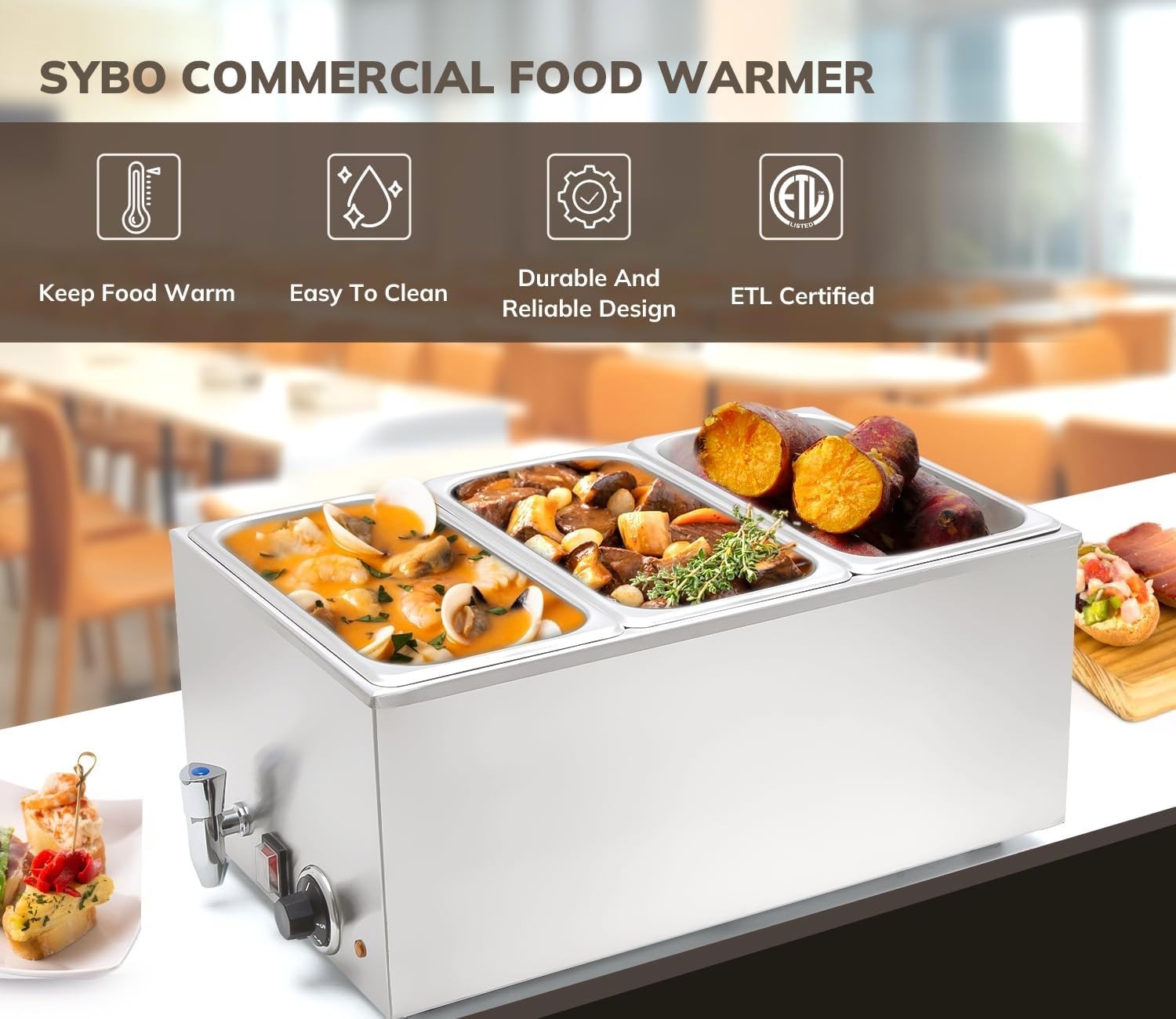 Large Capacity Stainless Steel Bain Marie Food Warmer